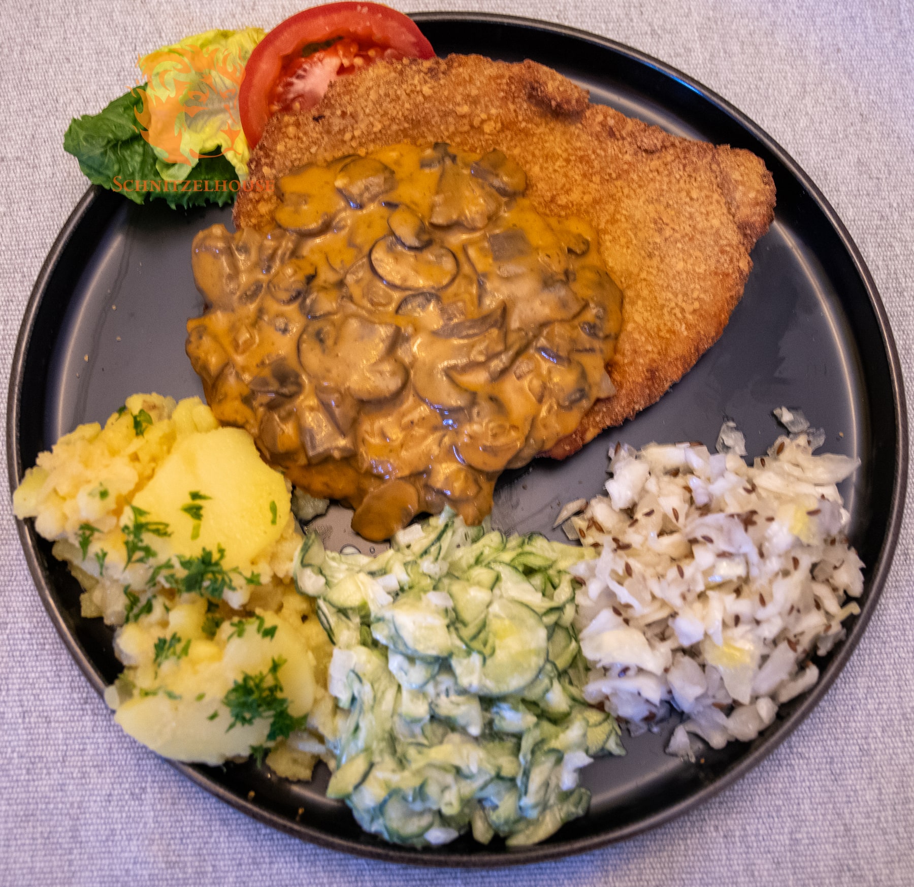 Old Leo’s Jägerschnitzel with mushroom sauce and house sides